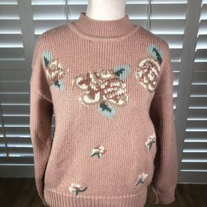 Vintage 80s Pink Pullover Mock Neck Sweater M Floral Wool Blend Stranger Things
